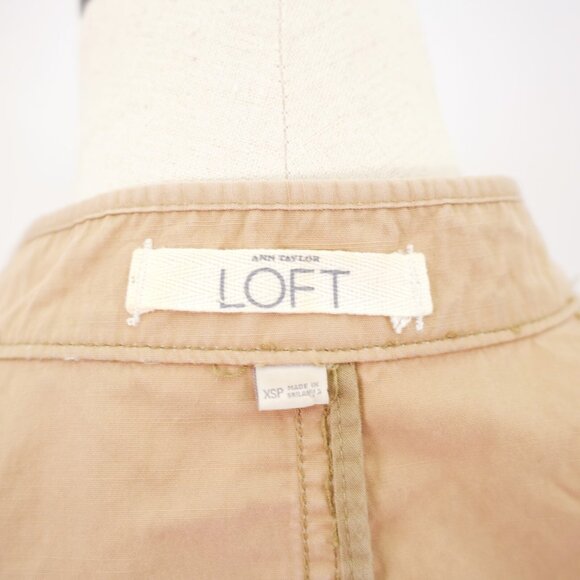 Ann Taylor Loft Canvas Zip + Button Front Pocket Jacket Mock Neck XSP Petite Tan - Picture 7 of 9